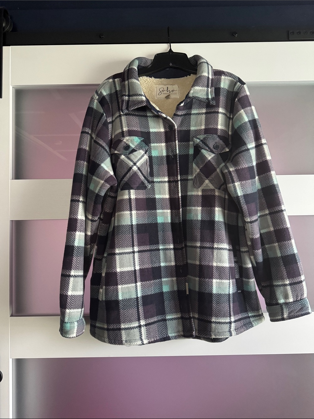 Soho Plaid Sherpa Shacket in Mint & Charcoal